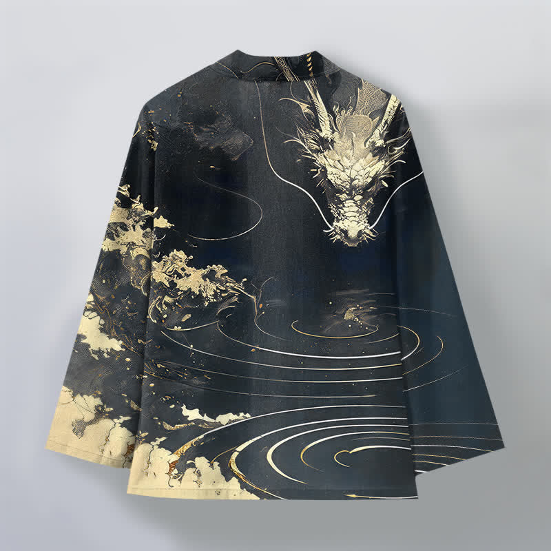 Buddha Stones Kimono pour homme en coton à motif de vagues et de nuages ​​de dragon doré, ouvert sur le devant - image 11