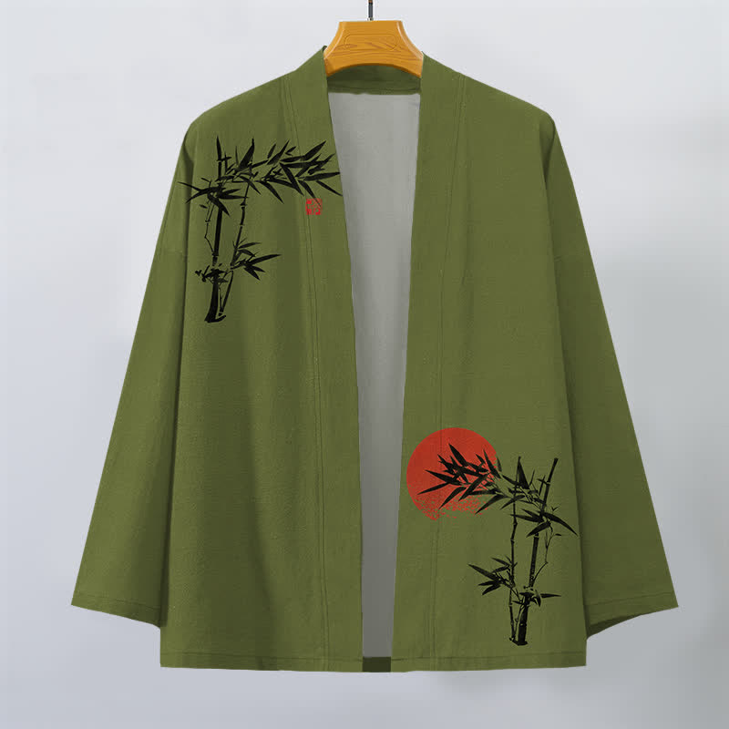 Buddha Stones Kimono pour homme en coton et bambou, motif soleil rouge, ouvert sur le devant - image 1