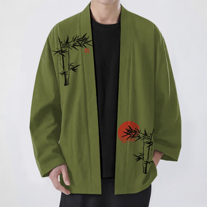 Buddha Stones Kimono pour homme en coton et bambou, motif soleil rouge, ouvert sur le devant - Vert olive - US/UK/AU48，EU58 (4XL) - image 0