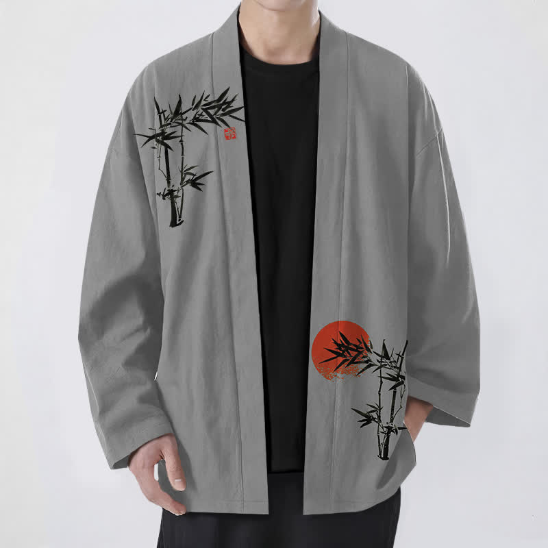 Buddha Stones Kimono pour homme en coton et bambou, motif soleil rouge, ouvert sur le devant - Gris foncé - US/UK/AU48，EU58 (4XL) - image 6