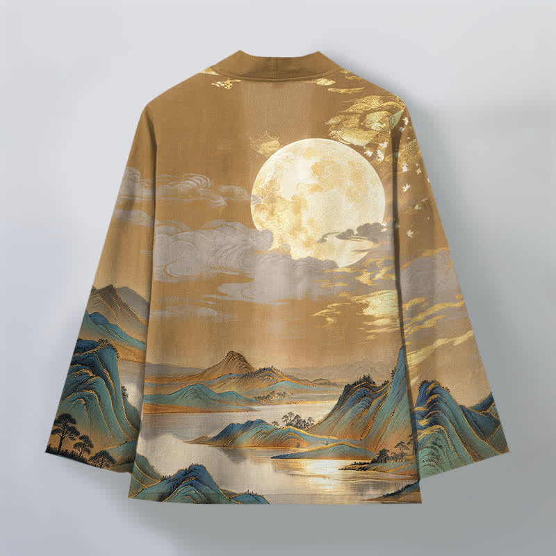 Buddha Stones Kimono pour homme en coton à motif paysage de montagne et lune dorée, ouvert sur le devant - image 2