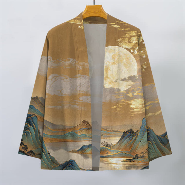 Buddha Stones Kimono pour homme en coton à motif paysage de montagne et lune dorée, ouvert sur le devant - image 1
