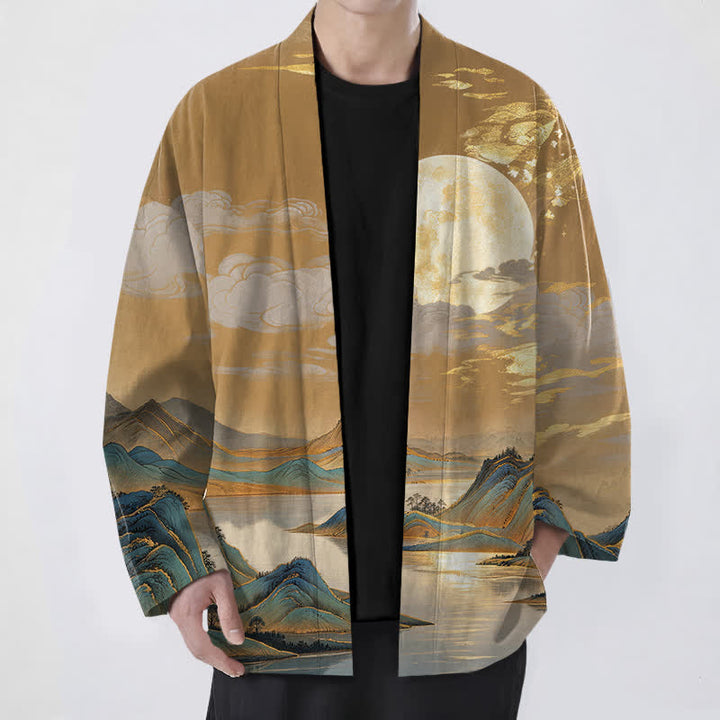Buddha Stones Kimono pour homme en coton à motif paysage de montagne et lune dorée, ouvert sur le devant - SandyBrown - US/UK/AU48，EU58 (4XL) - image 0