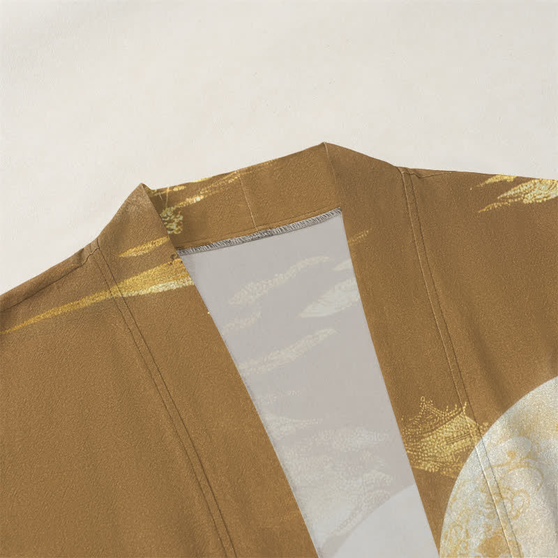 Buddha Stones Kimono pour homme en coton à motif paysage de montagne et lune dorée, ouvert sur le devant - image 3
