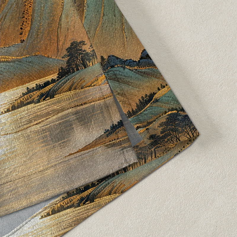 Buddha Stones Kimono pour homme en coton à motif paysage de montagne et lune dorée, ouvert sur le devant - image 4