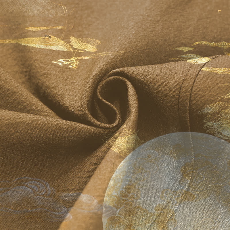 Buddha Stones Kimono pour homme en coton à motif paysage de montagne et lune dorée, ouvert sur le devant - image 5