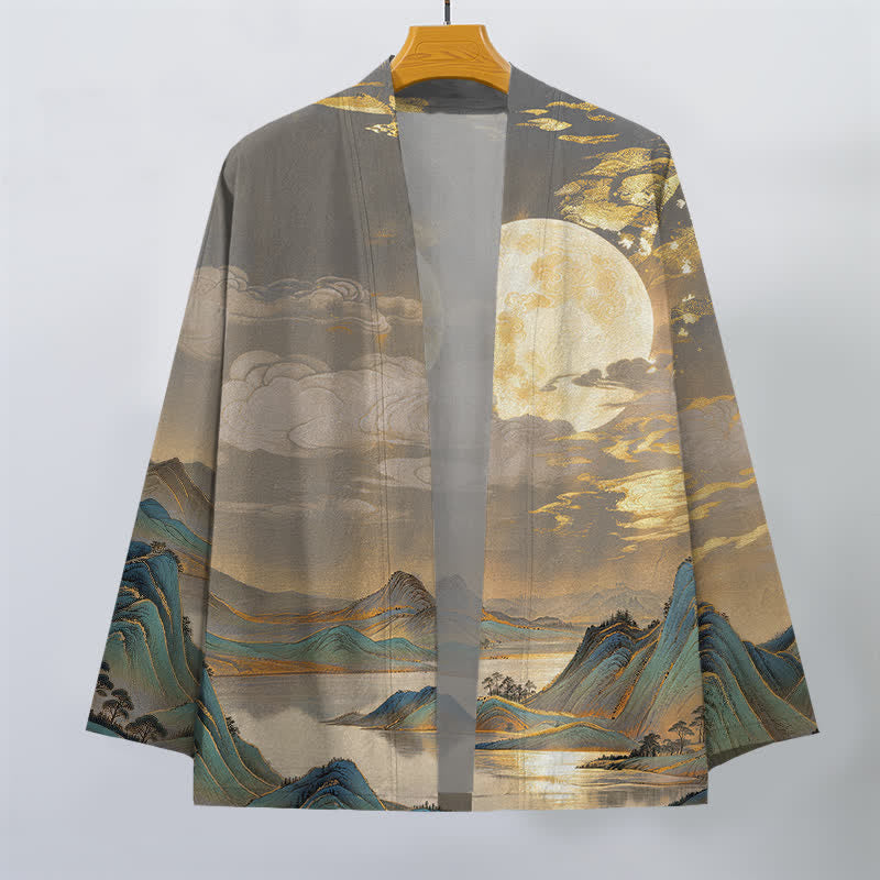 Buddha Stones Kimono pour homme en coton à motif paysage de montagne et lune dorée, ouvert sur le devant - image 7