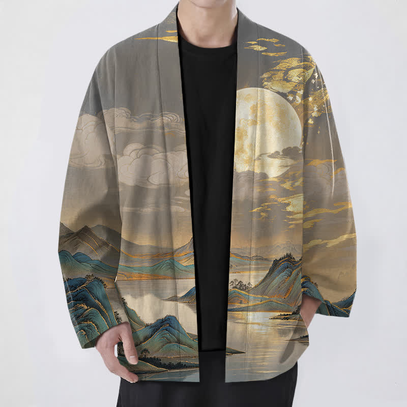 Buddha Stones Kimono pour homme en coton à motif paysage de montagne et lune dorée, ouvert sur le devant - Gris ardoise - US/UK/AU48，EU58 (4XL) - image 6