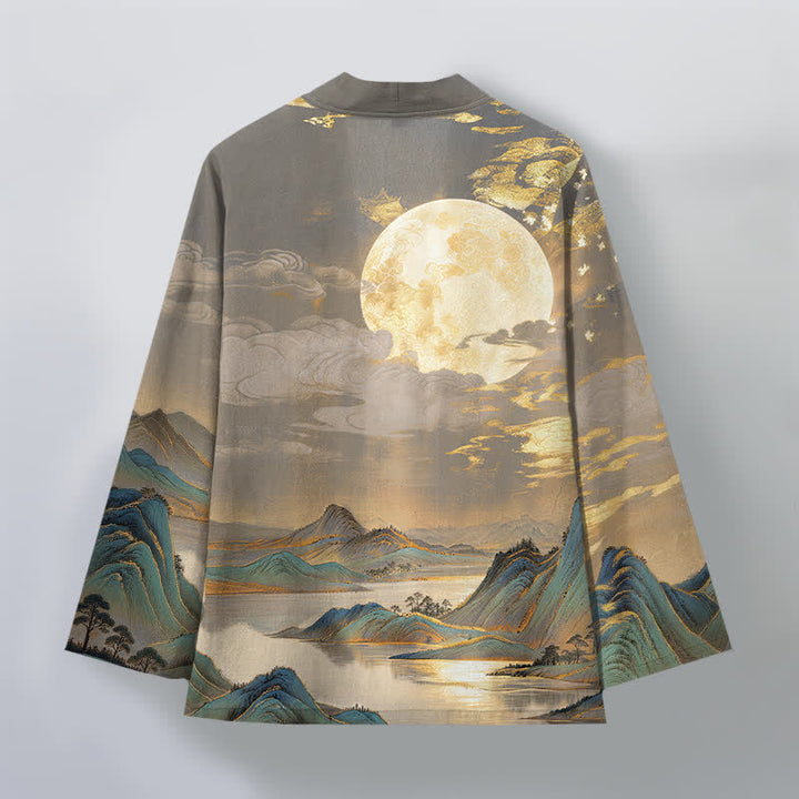 Buddha Stones Kimono pour homme en coton à motif paysage de montagne et lune dorée, ouvert sur le devant - image 8