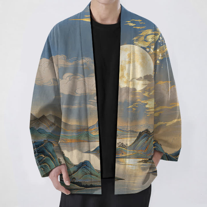 Buddha Stones Kimono pour homme en coton à motif paysage de montagne et lune dorée, ouvert sur le devant - SteelBlue - US/UK/AU48，EU58 (4XL) - image 9