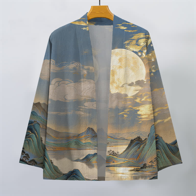 Buddha Stones Kimono pour homme en coton à motif paysage de montagne et lune dorée, ouvert sur le devant - image 10