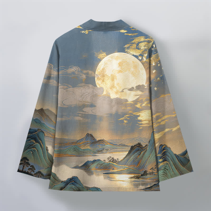 Buddha Stones Kimono pour homme en coton à motif paysage de montagne et lune dorée, ouvert sur le devant - image 11