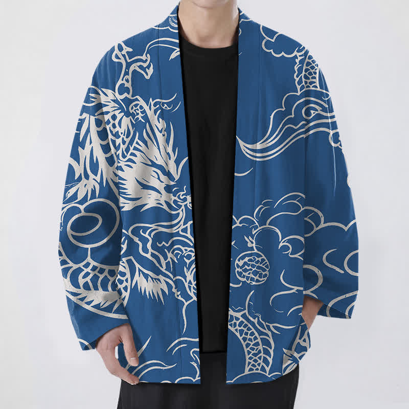 Buddha Stones Kimono pour homme en coton blanc à motif de dragon et de nuages, ouvert sur le devant - Bleu royal - US/UK/AU48，EU58 (4XL) - image 0