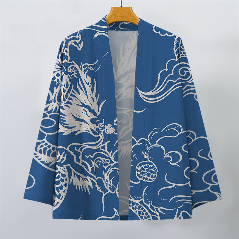Buddha Stones Kimono pour homme en coton blanc à motif de dragon et de nuages, ouvert sur le devant - image 1