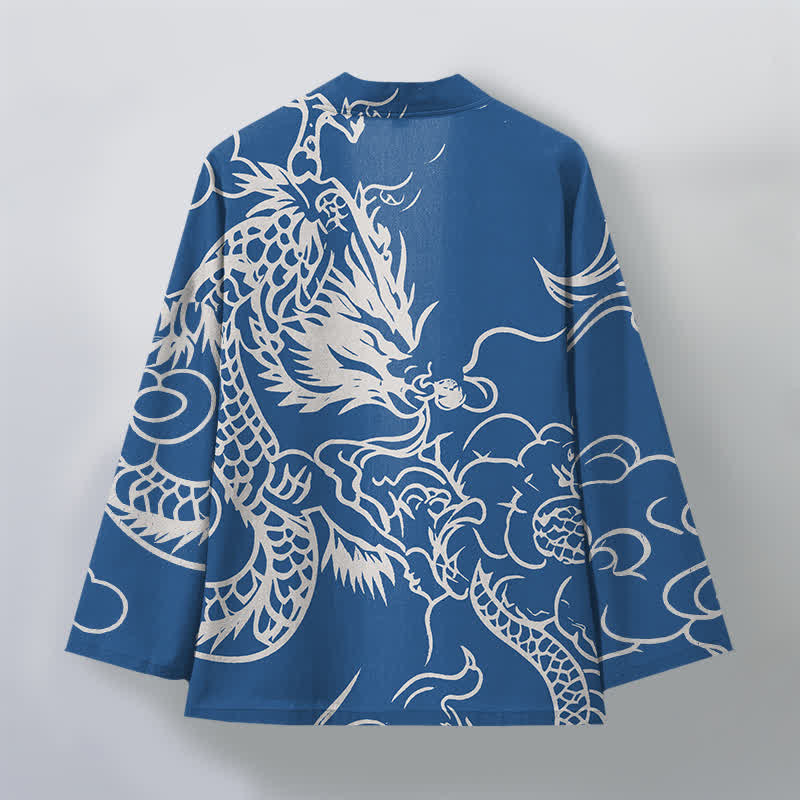 Buddha Stones Kimono pour homme en coton blanc à motif de dragon et de nuages, ouvert sur le devant - image 2