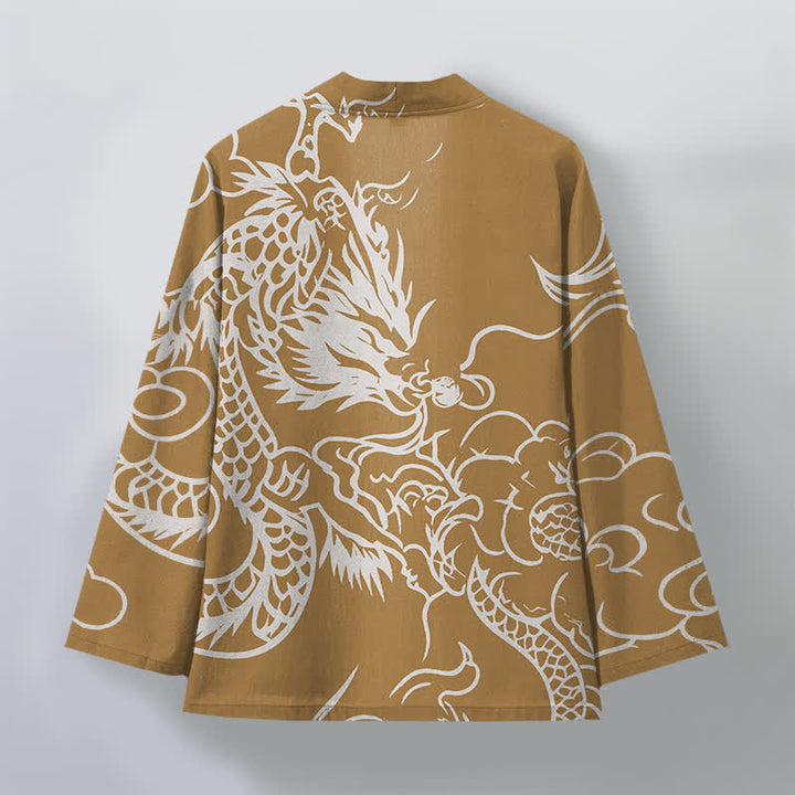 Buddha Stones Kimono pour homme en coton blanc à motif de dragon et de nuages, ouvert sur le devant - image 8