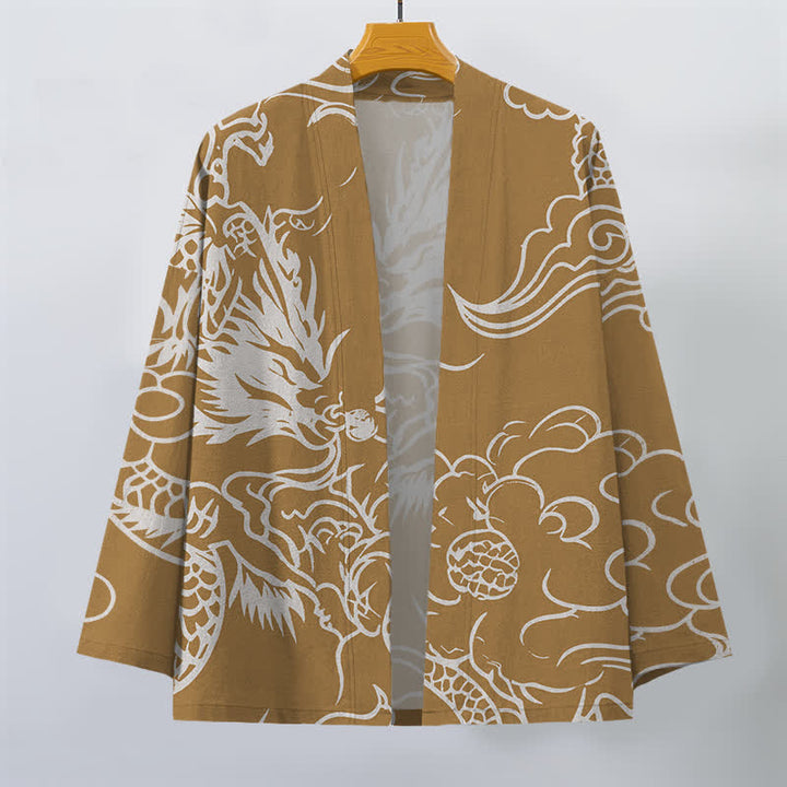 Buddha Stones Kimono pour homme en coton blanc à motif de dragon et de nuages, ouvert sur le devant - image 7