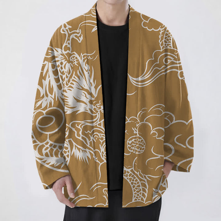 Buddha Stones Kimono pour homme en coton blanc à motif de dragon et de nuages, ouvert sur le devant - verge d'or - US/UK/AU48，EU58 (4XL) - image 6