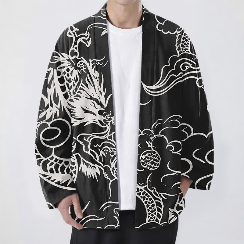 Buddha Stones Kimono pour homme en coton blanc à motif de dragon et de nuages, ouvert sur le devant - Noir - US/UK/AU48，EU58 (4XL) - image 9