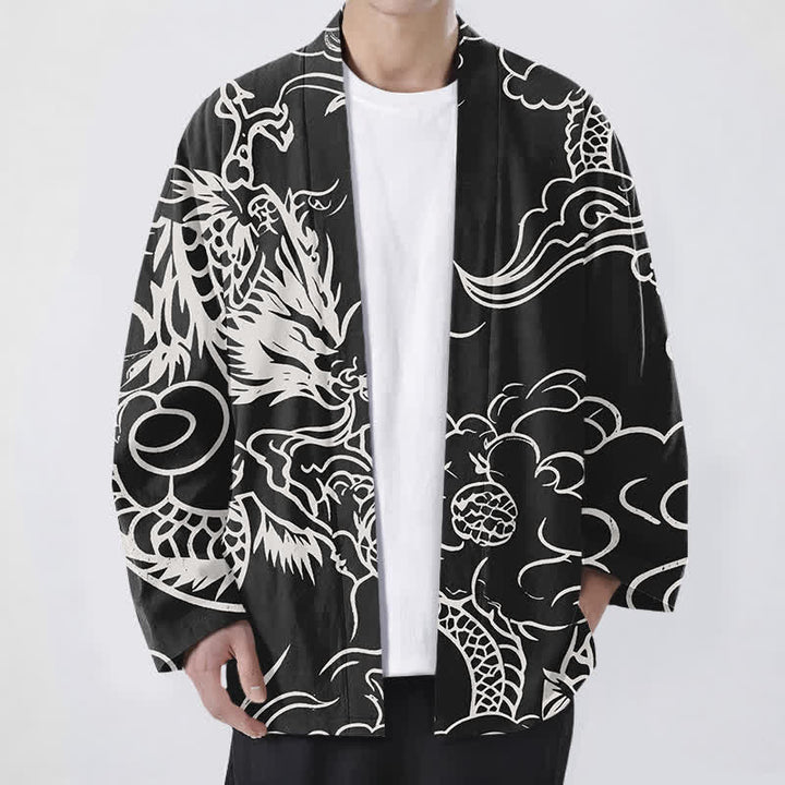 Buddha Stones Kimono pour homme en coton blanc à motif de dragon et de nuages, ouvert sur le devant - Noir - US/UK/AU48，EU58 (4XL) - image 9