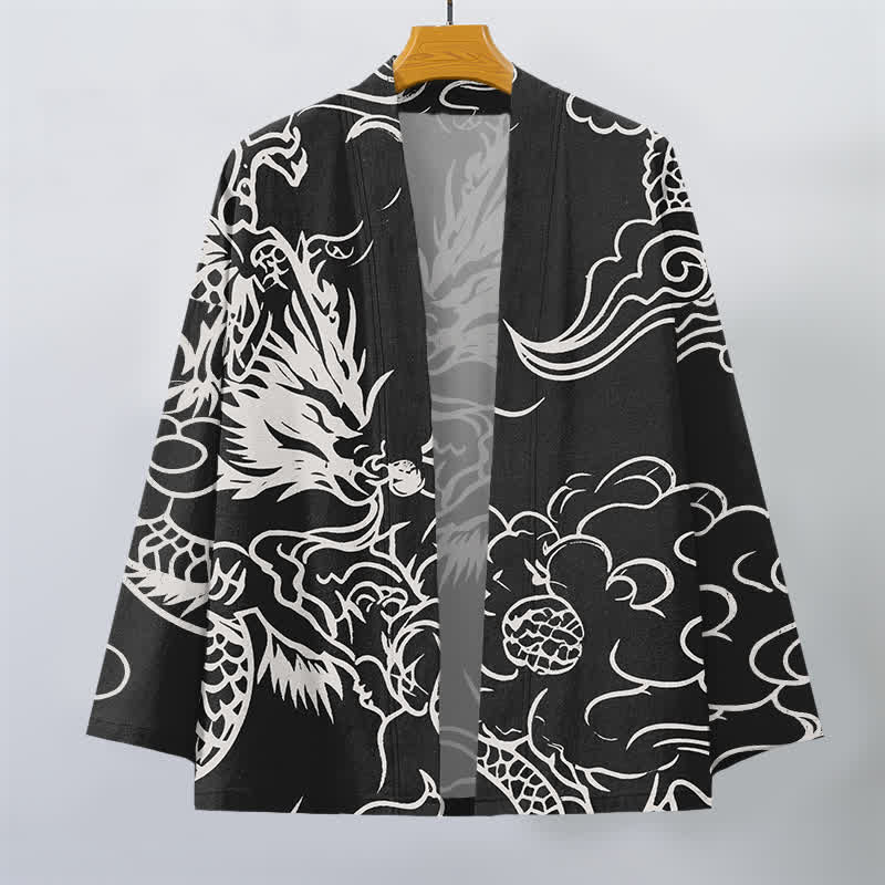 Buddha Stones Kimono pour homme en coton blanc à motif de dragon et de nuages, ouvert sur le devant - image 10