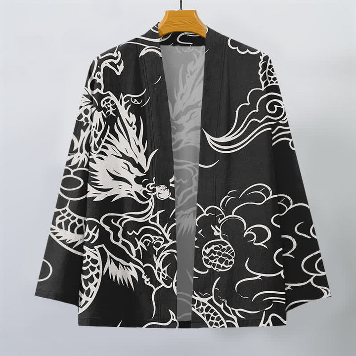 Buddha Stones Kimono pour homme en coton blanc à motif de dragon et de nuages, ouvert sur le devant - image 10
