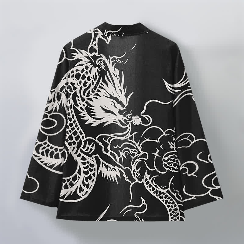 Buddha Stones Kimono pour homme en coton blanc à motif de dragon et de nuages, ouvert sur le devant - image 11