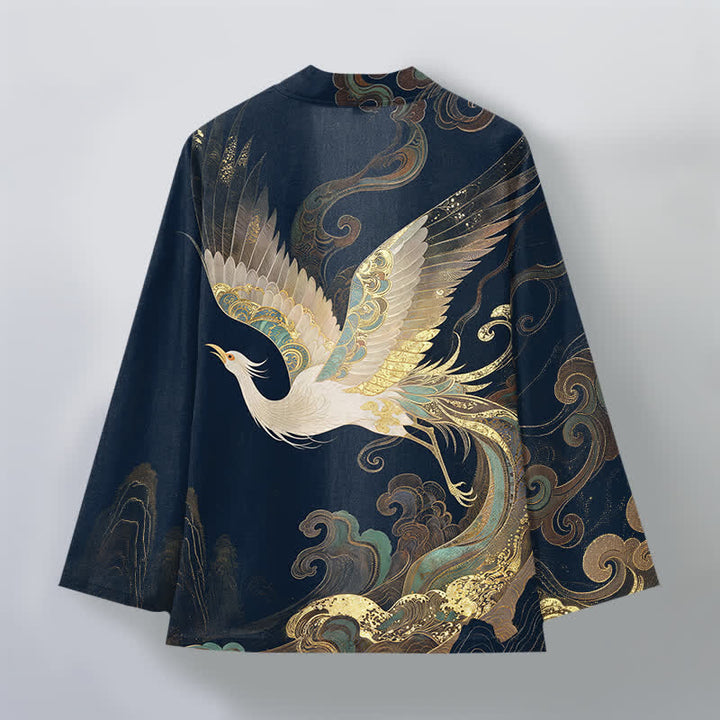 Buddha Stones Kimono pour homme en coton à motif de grues dorées et de nuages, ouvert sur le devant - image 2