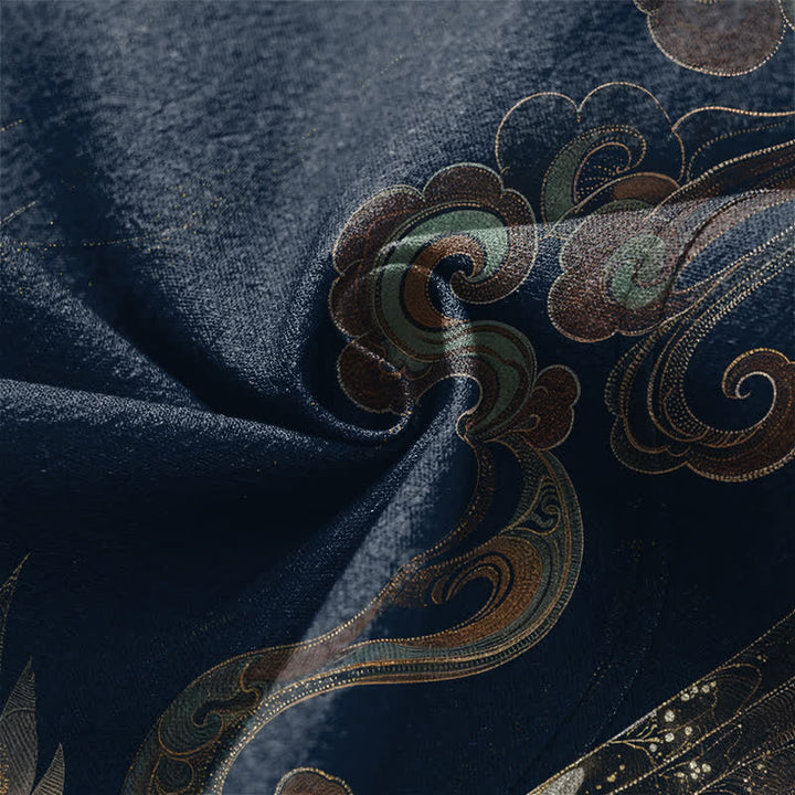 Buddha Stones Kimono pour homme en coton à motif de grues dorées et de nuages, ouvert sur le devant - image 5