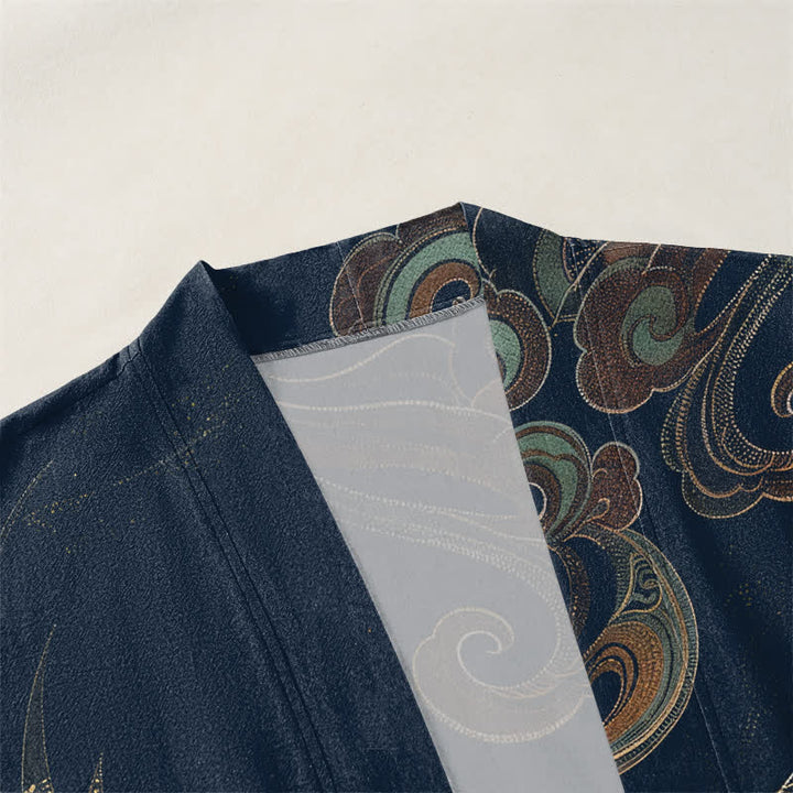 Buddha Stones Kimono pour homme en coton à motif de grues dorées et de nuages, ouvert sur le devant - image 3
