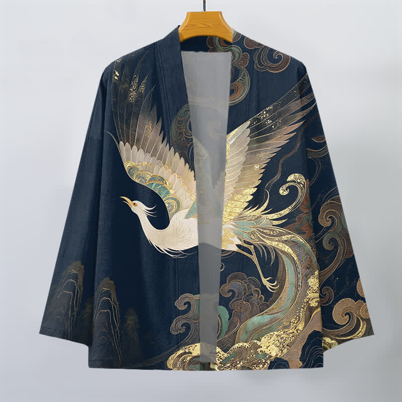 Buddha Stones Kimono pour homme en coton à motif de grues dorées et de nuages, ouvert sur le devant - image 1