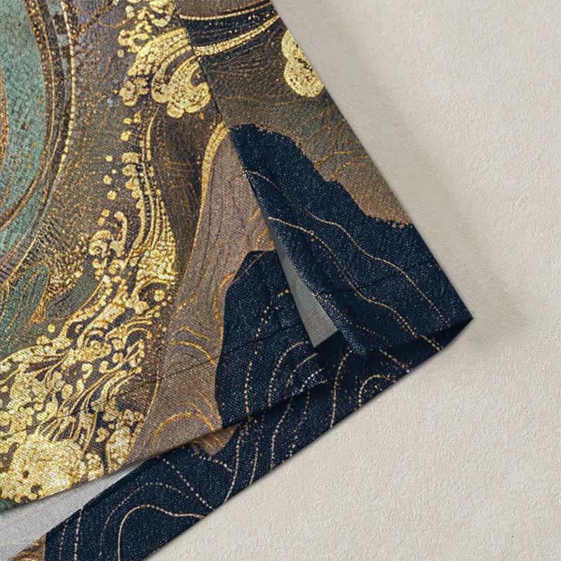 Buddha Stones Kimono pour homme en coton à motif de grues dorées et de nuages, ouvert sur le devant - image 4