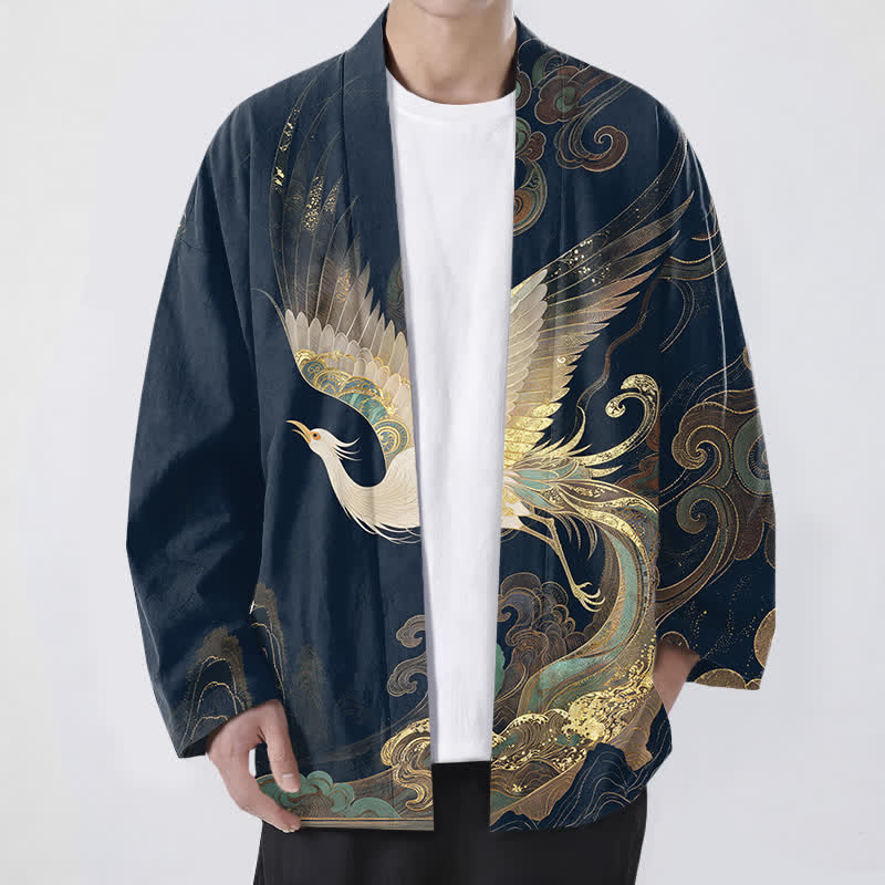Buddha Stones Kimono pour homme en coton à motif de grues dorées et de nuages, ouvert sur le devant - Marine - US/UK/AU48，EU58 (4XL) - image 0