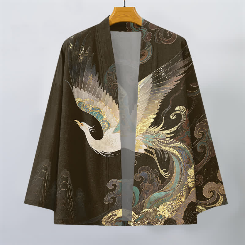 Buddha Stones Kimono pour homme en coton à motif de grues dorées et de nuages, ouvert sur le devant - image 7