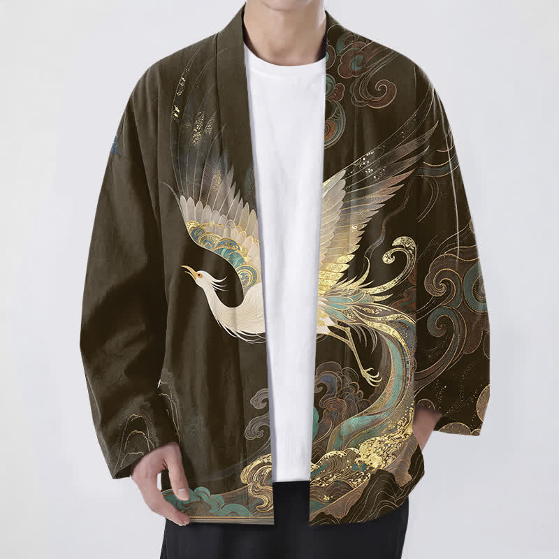 Buddha Stones Kimono pour homme en coton à motif de grues dorées et de nuages, ouvert sur le devant - SaddleBrown - US/UK/AU48，EU58 (4XL) - image 6