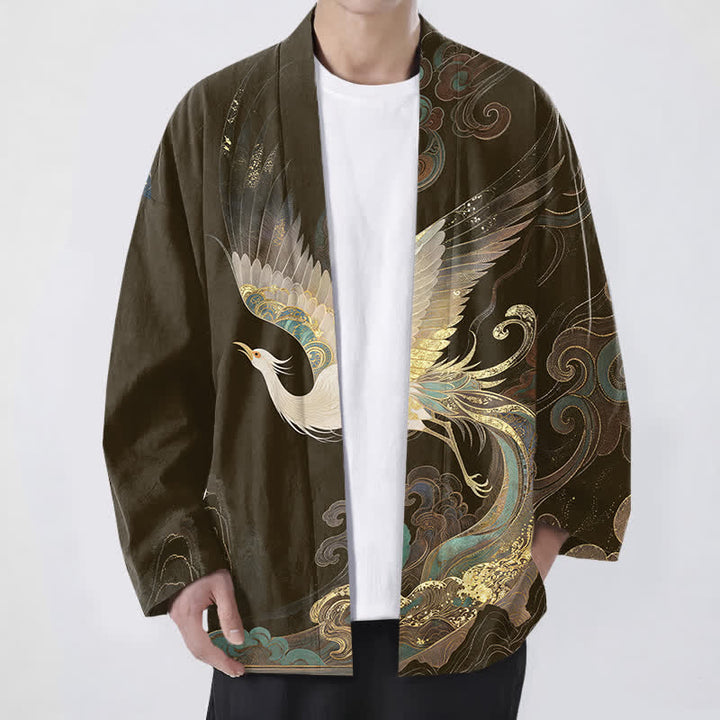 Buddha Stones Kimono pour homme en coton à motif de grues dorées et de nuages, ouvert sur le devant - SaddleBrown - US/UK/AU48，EU58 (4XL) - image 6