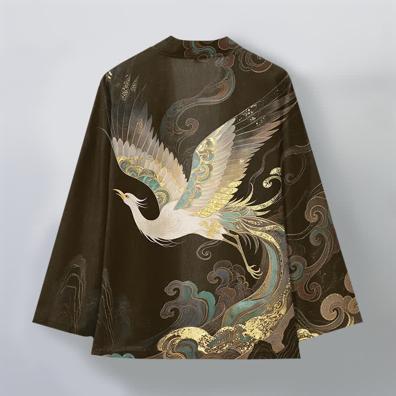 Buddha Stones Kimono pour homme en coton à motif de grues dorées et de nuages, ouvert sur le devant - image 8