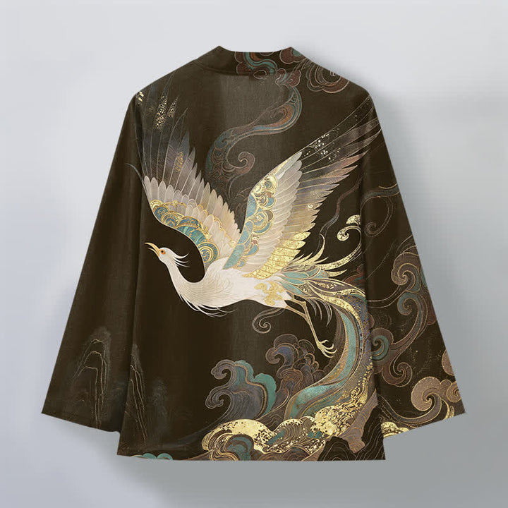 Buddha Stones Kimono pour homme en coton à motif de grues dorées et de nuages, ouvert sur le devant - image 8