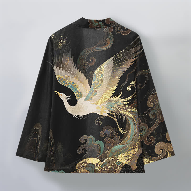 Buddha Stones Kimono pour homme en coton à motif de grues dorées et de nuages, ouvert sur le devant - image 11