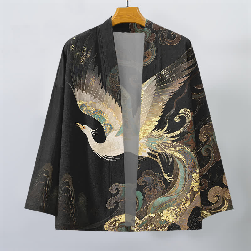 Buddha Stones Kimono pour homme en coton à motif de grues dorées et de nuages, ouvert sur le devant - image 10