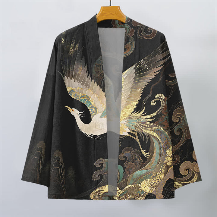 Buddha Stones Kimono pour homme en coton à motif de grues dorées et de nuages, ouvert sur le devant - image 10