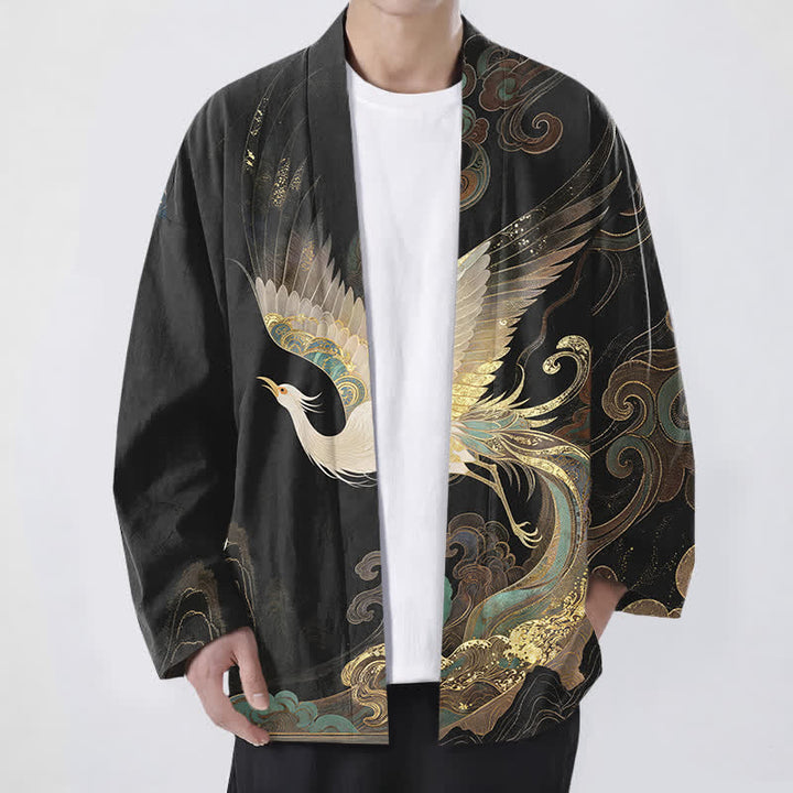 Buddha Stones Kimono pour homme en coton à motif de grues dorées et de nuages, ouvert sur le devant - Noir - US/UK/AU48，EU58 (4XL) - image 9