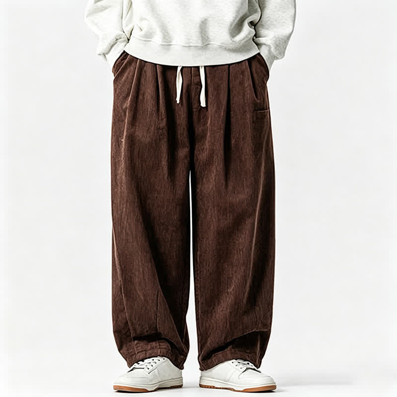 Buddha Stones Pantalon long uni à cordon de serrage et poches, style vintage décontracté automne-hiver, avec poches - image 1