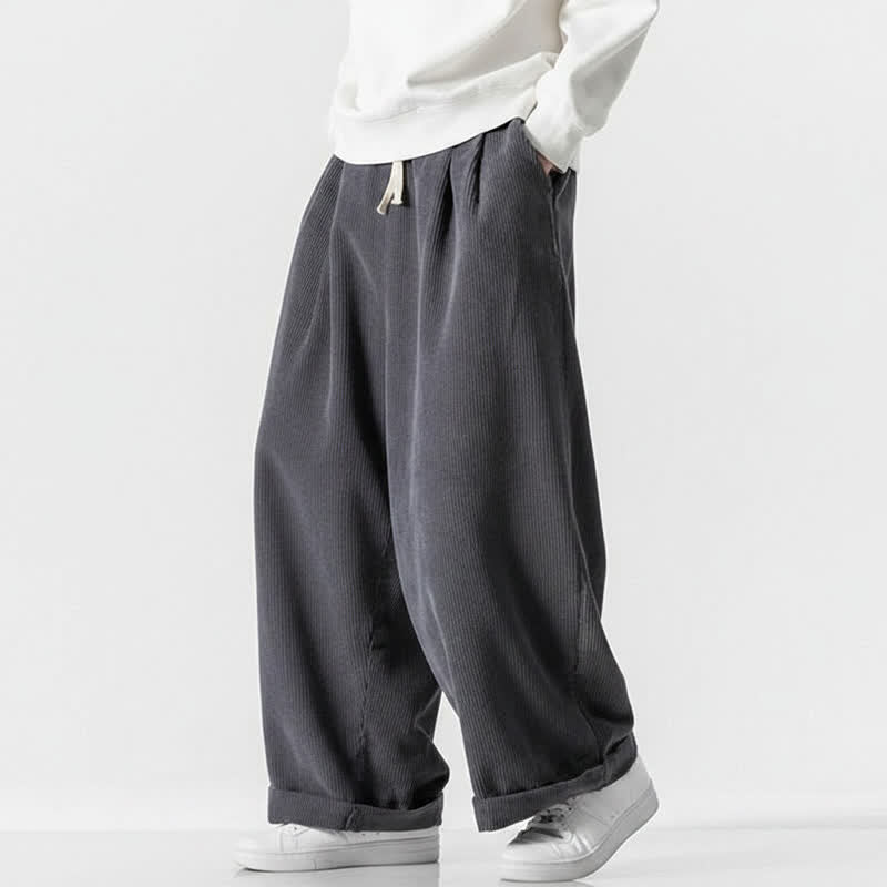 Buddha Stones Pantalon long en velours côtelé uni, coupe ample, avec cordon de serrage et poches, idéal pour l'automne et l'hiver. - image 2