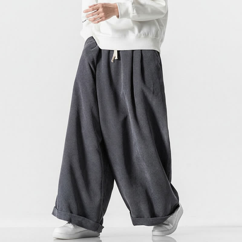 Buddha Stones Pantalon long en velours côtelé uni, coupe ample, avec cordon de serrage et poches, idéal pour l'automne et l'hiver. - image 1