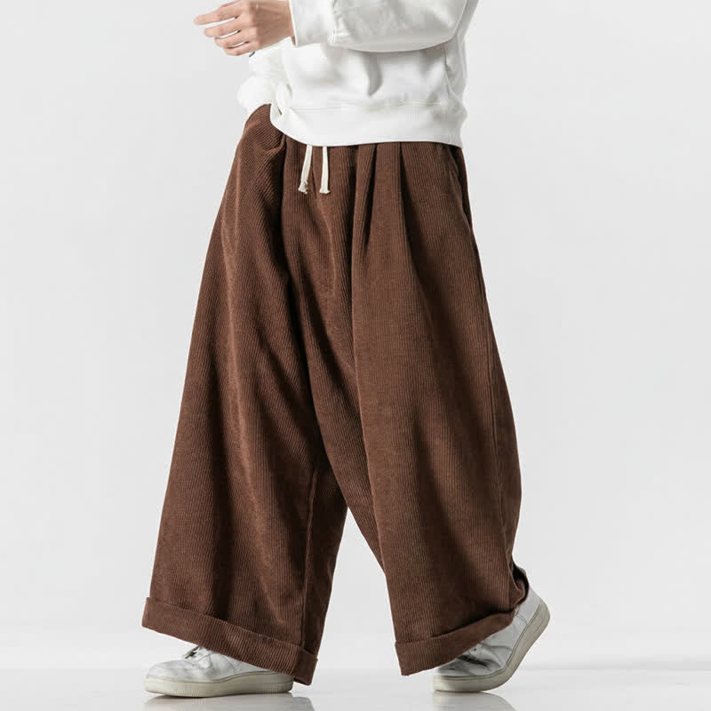 Buddha Stones Pantalon long en velours côtelé uni, coupe ample, avec cordon de serrage et poches, idéal pour l'automne et l'hiver. - image 9