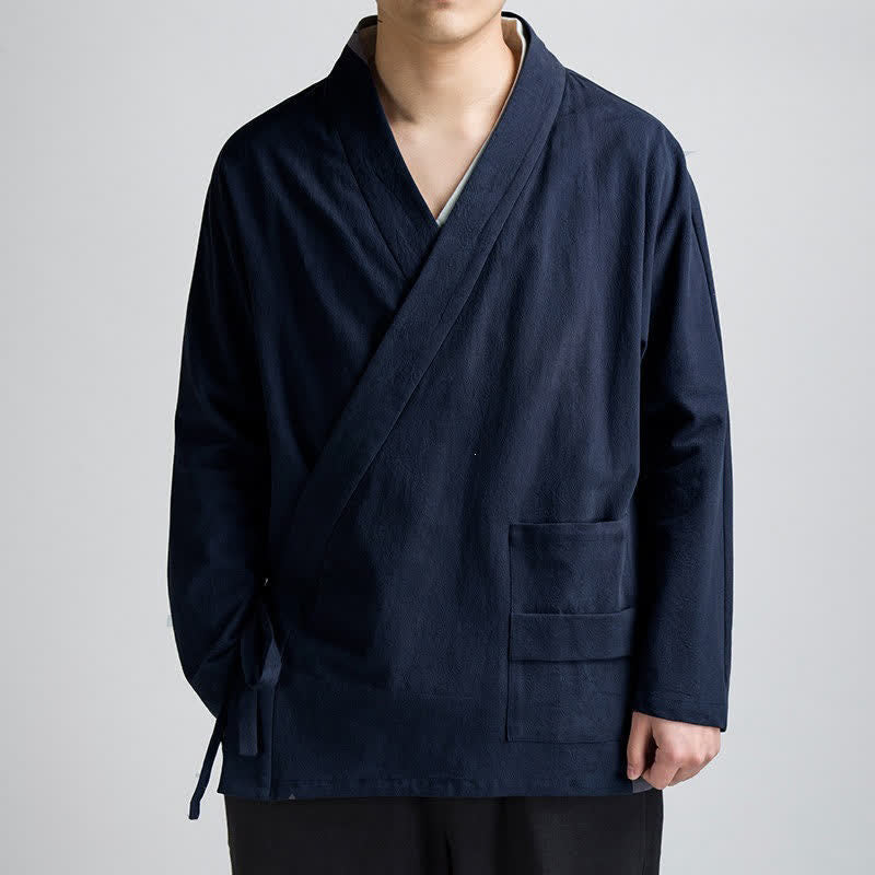 Buddha Stones Kimonos pour homme en coton uni, style Tang minimaliste, avec cordon de serrage et poche, collection printemps-automne. - Bleu nuit - US/UK/AU44，EU54 (4XL) - image 0