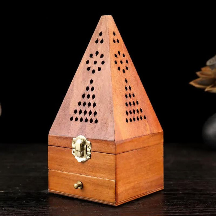 Boîte rituelle carrée en bois naturel Buddha Stones, brûleur d'encens de purification - Pyramides triangulaires hautes et légères à petit trou - image 8