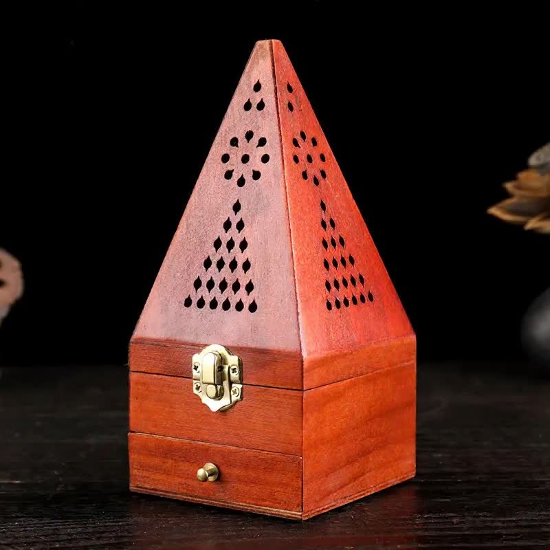 Boîte rituelle carrée en bois naturel Buddha Stones, brûleur d'encens de purification - Pyramides triangulaires hautes à petit trou - image 7