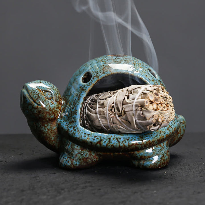 Buddha Stones Brûleur d'encens en céramique Tortue Endurance - Bleu - image 0